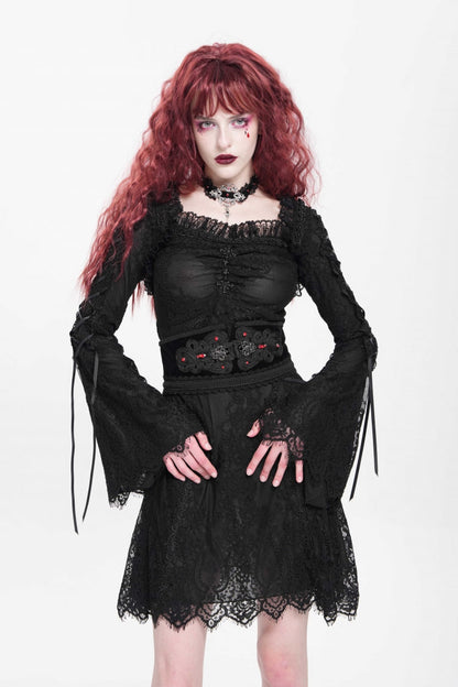 Square Collar Trumpet Sleeve Embroidered Lace-Up Gothic Dress