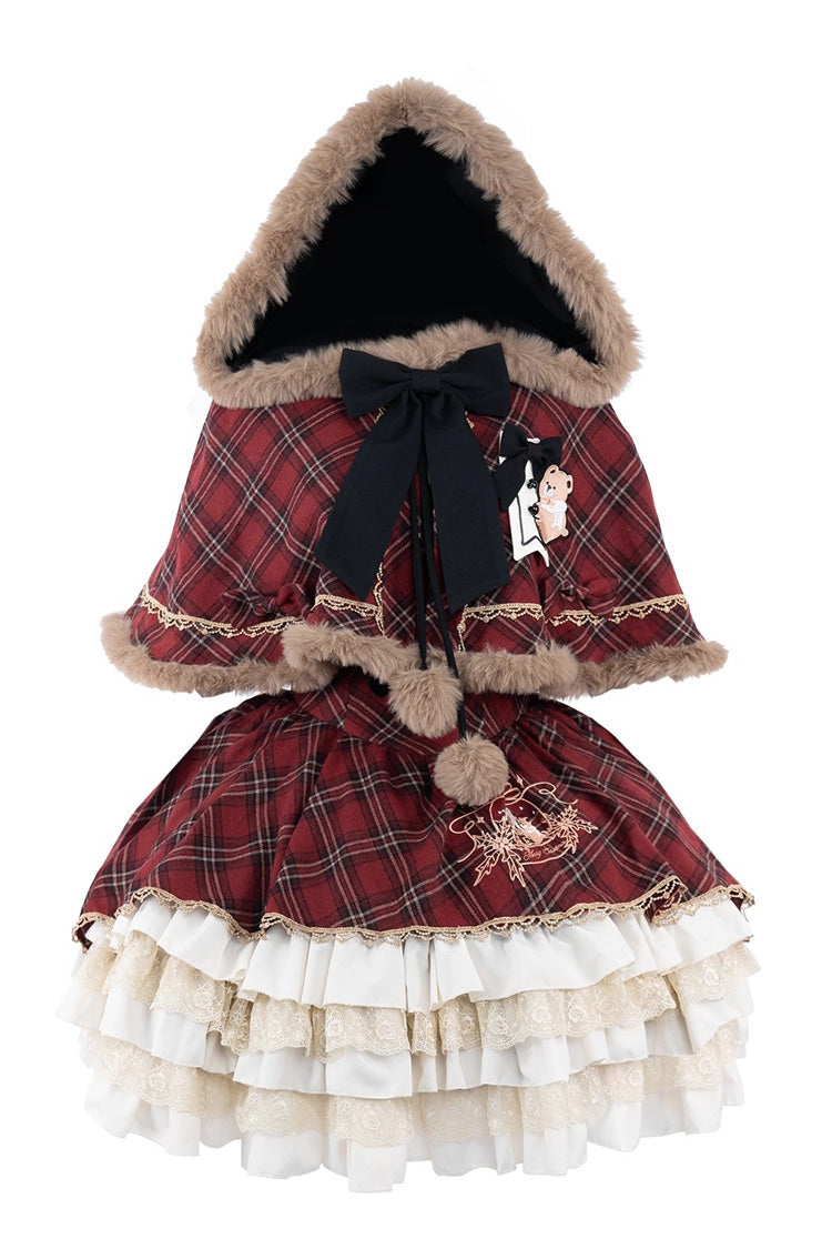 Chestnut Bear Cocoa Plaid Ruffle Bowknot Lolita JSK with Cloak