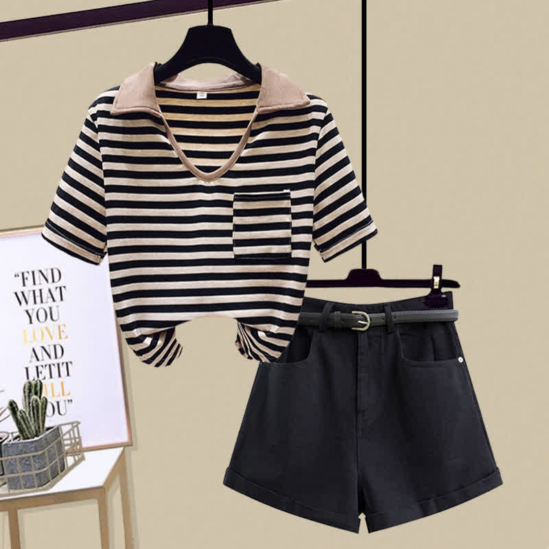 T-Shirt Stripe Denim Pocket Shorts Top Crop