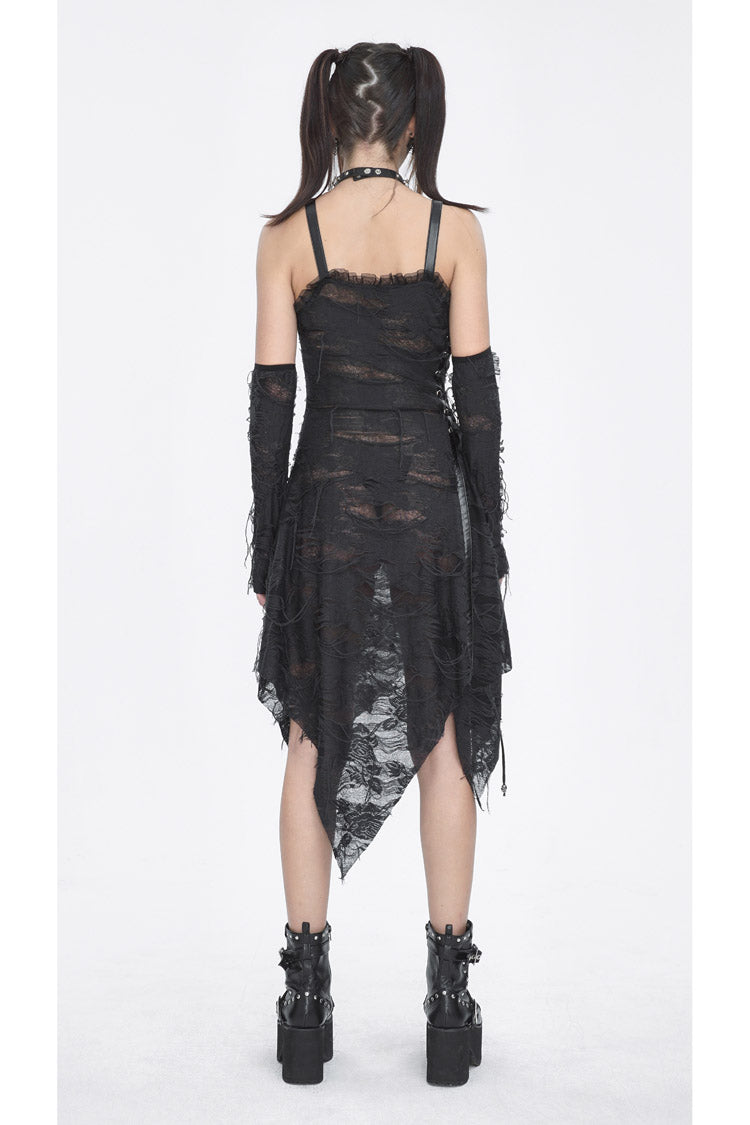 Asymmetric Strap Gothic Slip Dress with Lace Detail - NoirEdge