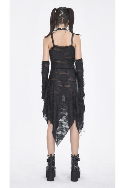Asymmetric Strap Gothic Slip Dress with Lace Detail - NoirEdge