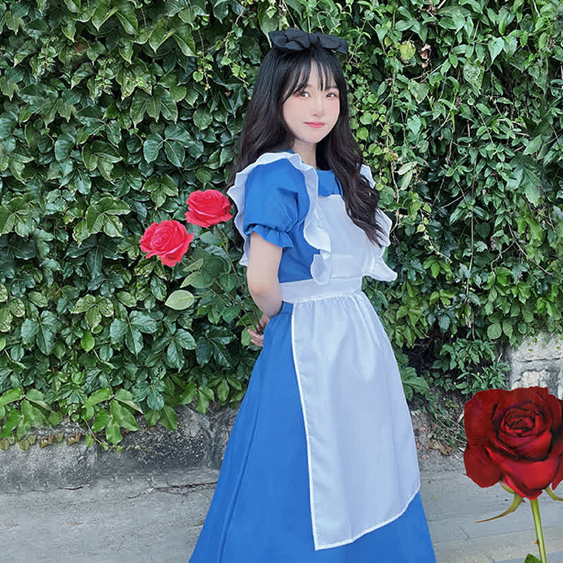 Lolita Blue Lapel Ruffled Maid Long Dress