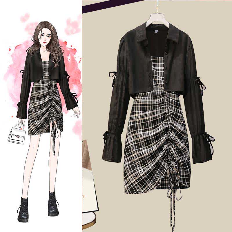 Slip Lattice Drawstring Size Plus Dress Set