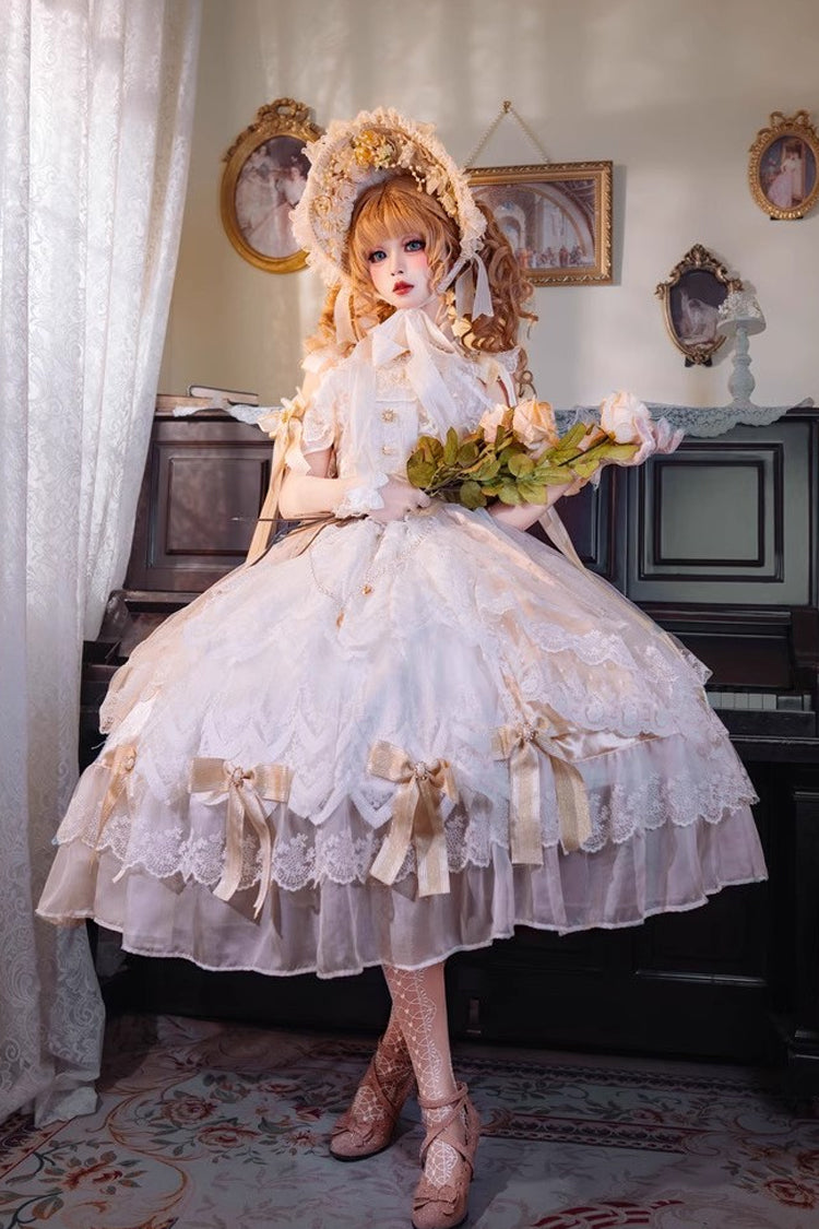 Golden Off-Shoulder Ruffled Lace Bow Wedding Elegant Gown