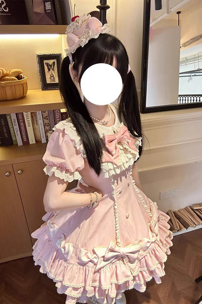 Rose Striped Layered Short Sleeves Multi Ruffle Bow Sweet Princess Lolita Tiered Dress