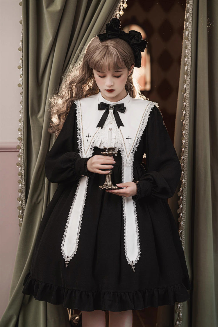 Classic Gothic Elegant Nun Dress with Long Sleeves and Ruffled Bow