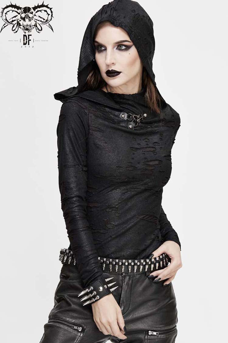 Women's Punk Shirt with Hooded Snakeskin Ripped Print Triangle Metal Studs