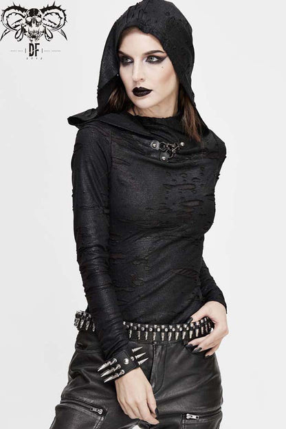 Women's Punk Shirt with Hooded Snakeskin Ripped Print Triangle Metal Studs