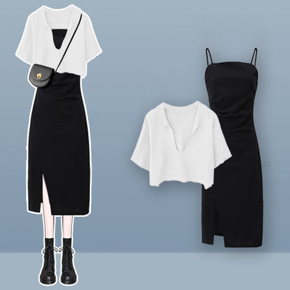 Split Slip T-Shirt Dress Ruffled V-neck