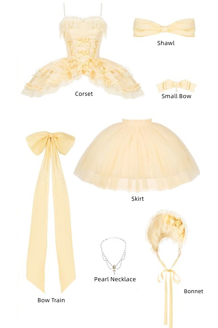 Sissi's Pilgrimage Off Shoulder Ruffle Bow Lace Sweet Lolita Short Skirt in Yellow