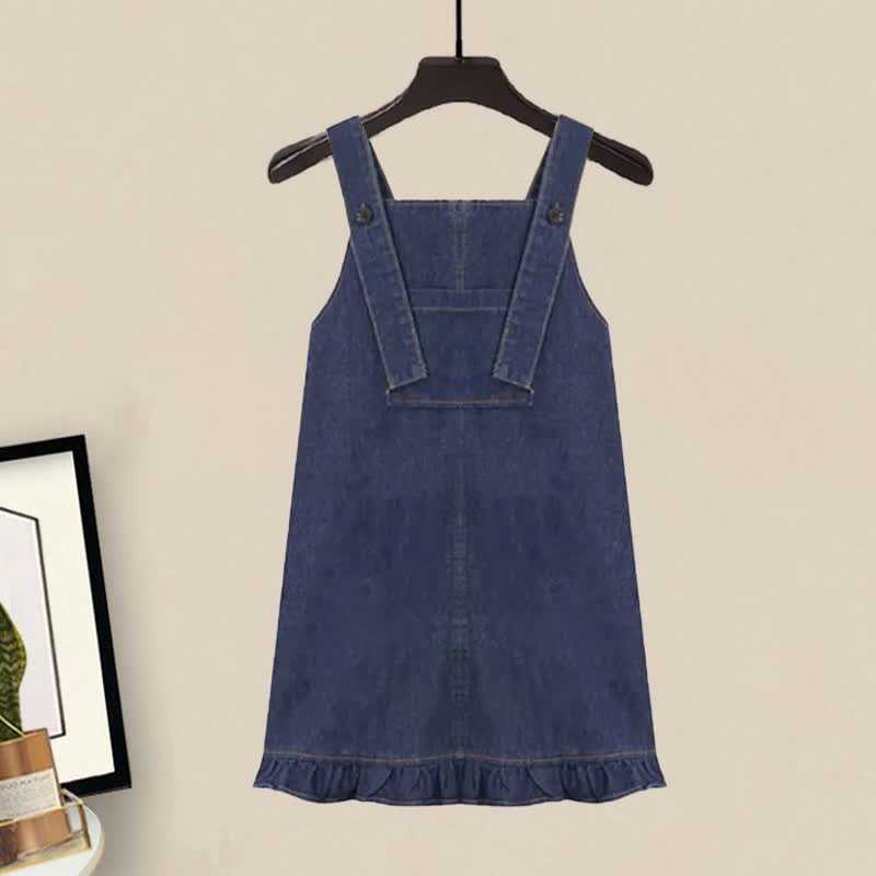 Denim Set Pocket Dress T-Shirt Lapel Overall Tie