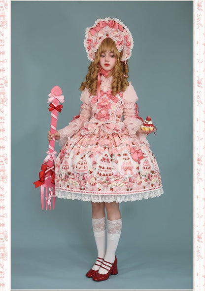 Strawberry and Desserts Print Pink Sweet Bow Accents Lolita JSK / Full Set