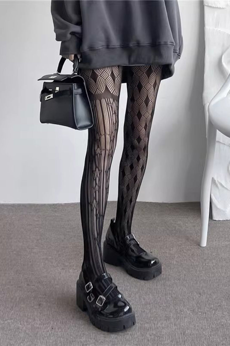 Gothic Lolita Tights with Asymmetric Stripes and Mesh