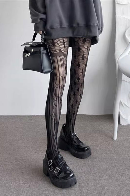 Gothic Lolita Tights with Asymmetric Stripes and Mesh