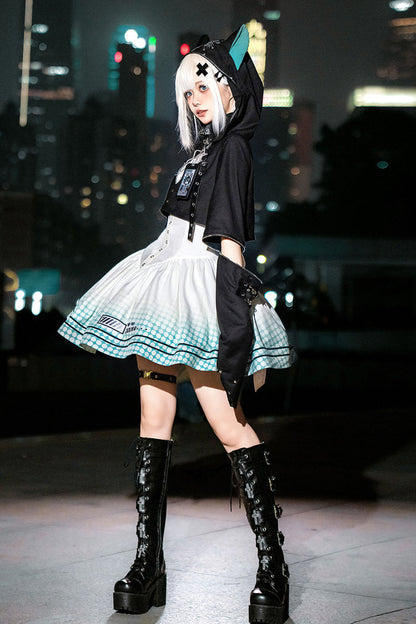 Black and Ivory Electronic Cat Print Future Suit Gothic Cool Lolita Dress