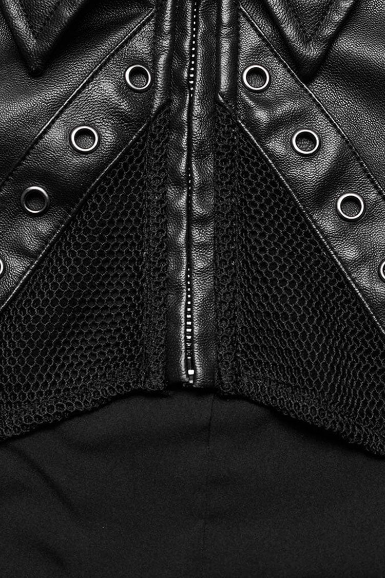 Women's Steampunk Short Coat with Long Sleeves and Hollow Stitching in Black Faux Leather