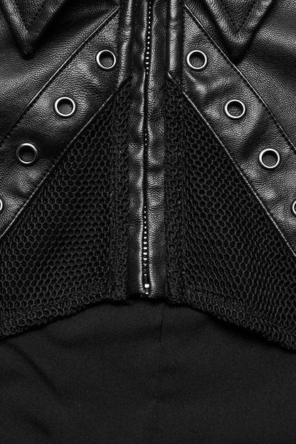 Women's Steampunk Short Coat with Long Sleeves and Hollow Stitching in Black Faux Leather