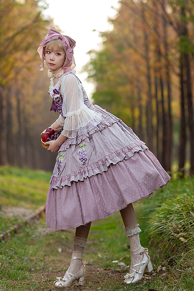 Purple Sleeveless Jacquard Ruffle Embroidery Sweet JSK Dress - Vineyard