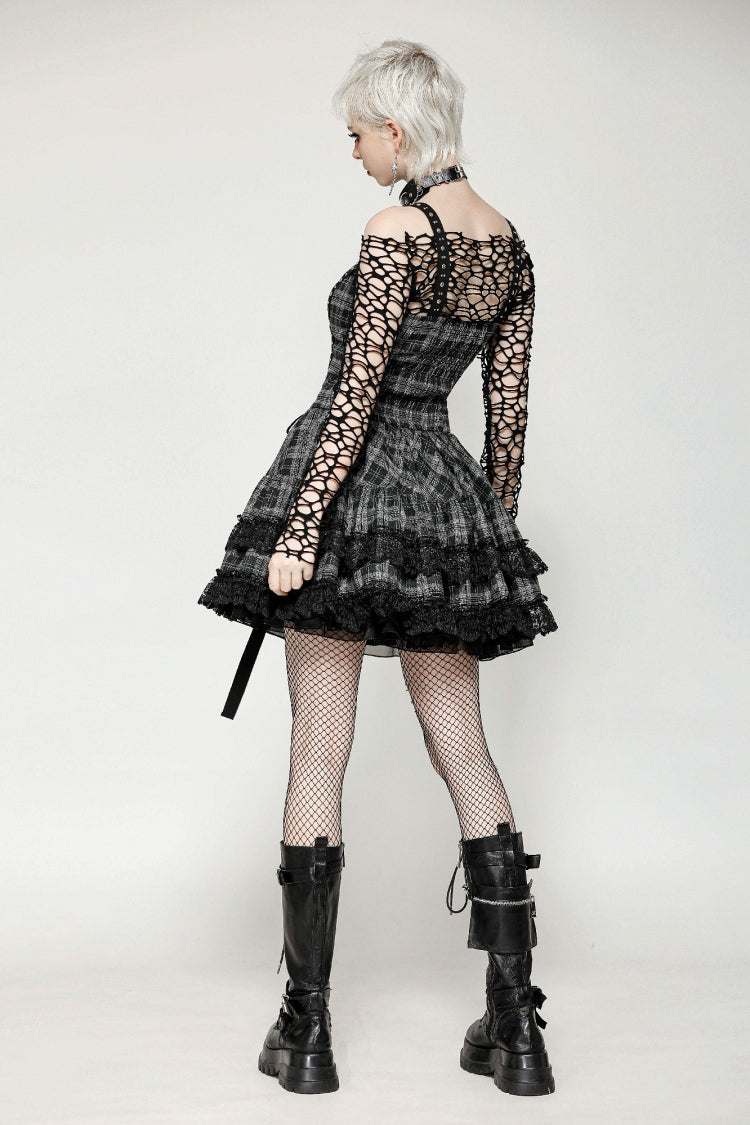 Charcoal Layered Lace Hem Plaid Slip Dress - Punk Party Attire
