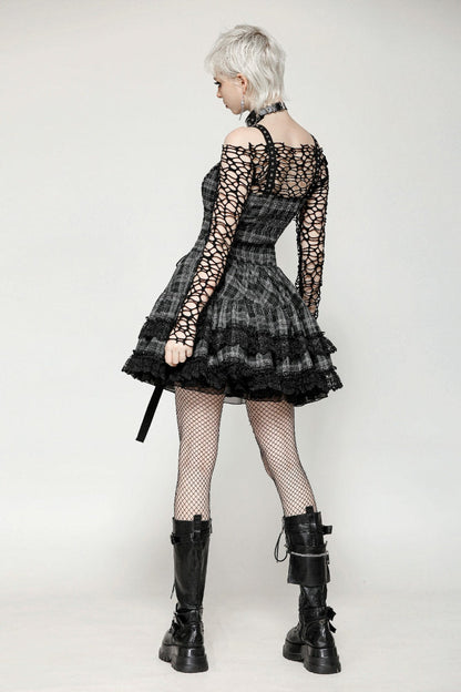 Charcoal Layered Lace Hem Plaid Slip Dress - Punk Party Attire