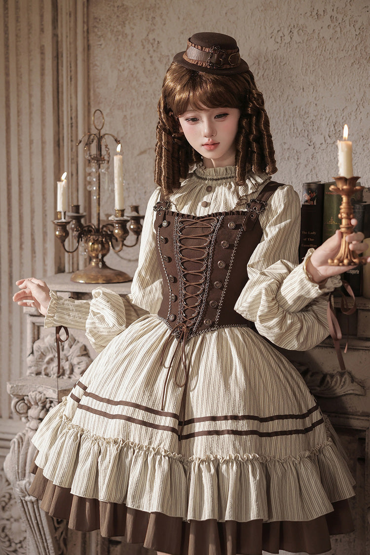 At Sunset Round-Collar Lantern-Sleeved Double-Layered Printed Ruffled Classic Lolita Dress in Beige and Brown, 2 Versions