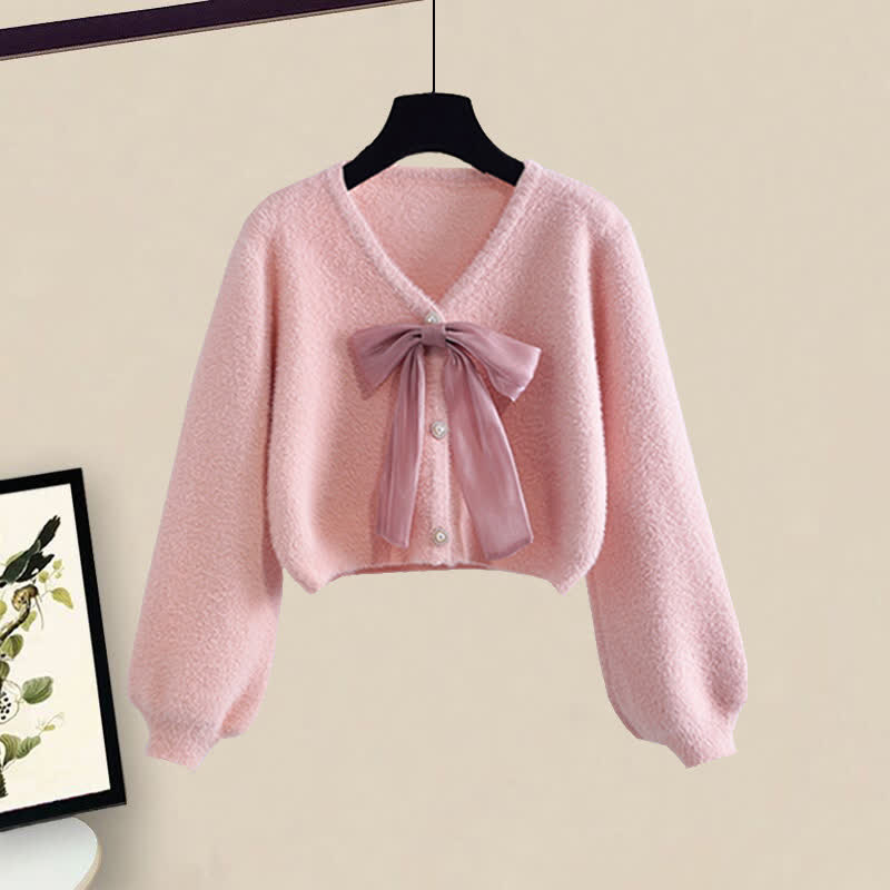 Pink Bow Knot V-neck Cardigan Sweater Slip Dress Set