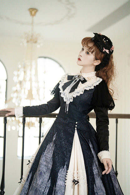 Black White Bell Print Ruffle Bow Lolita Dress