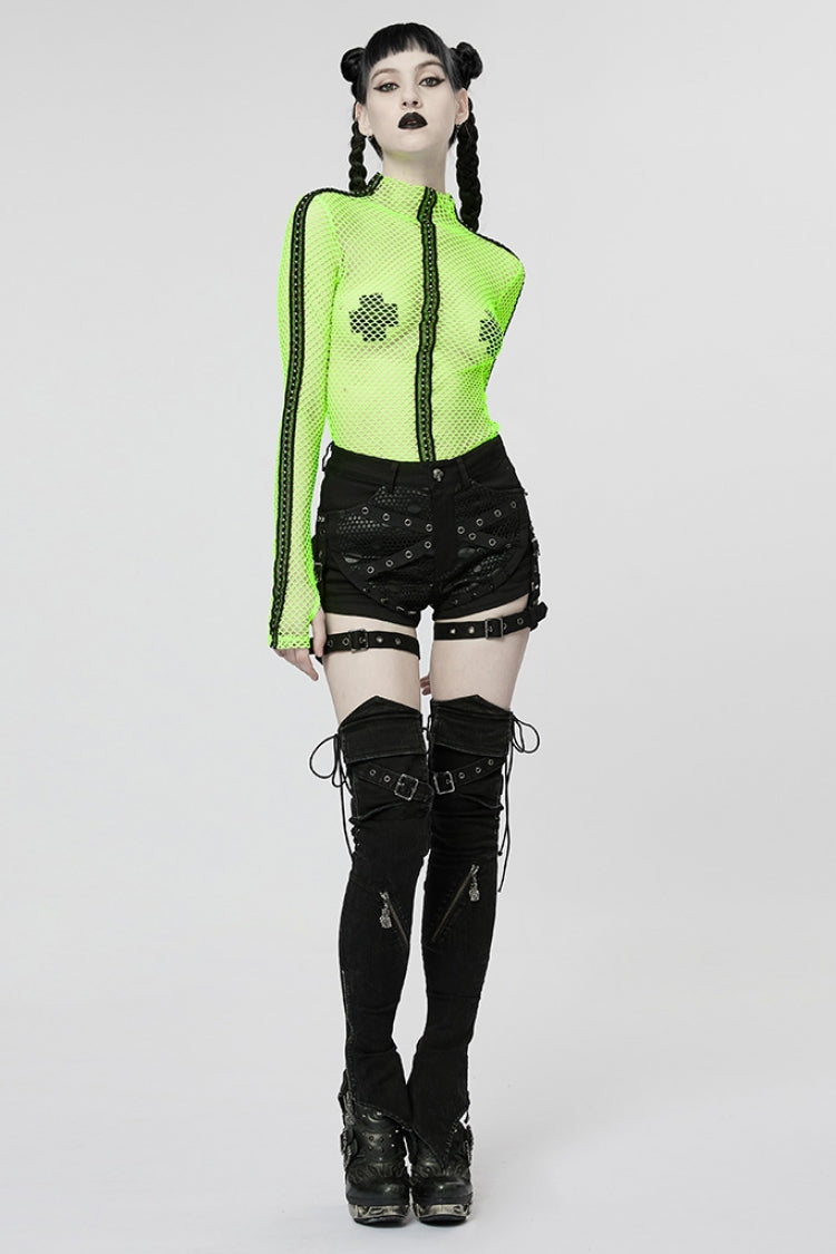 Steampunk Women's Shorts with Faux Leather Stitching Mesh and Buckles
