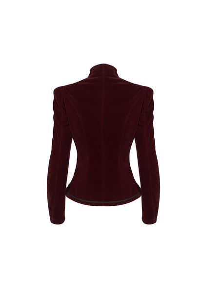 Crimson Mandarin Collar Velvet Chest Applique Pendant Zip Long Sleeve Goth Jacket