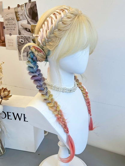 Yellow Braided Synthetic Wig With Curtain Bangs + Double Rainbow Ponytails