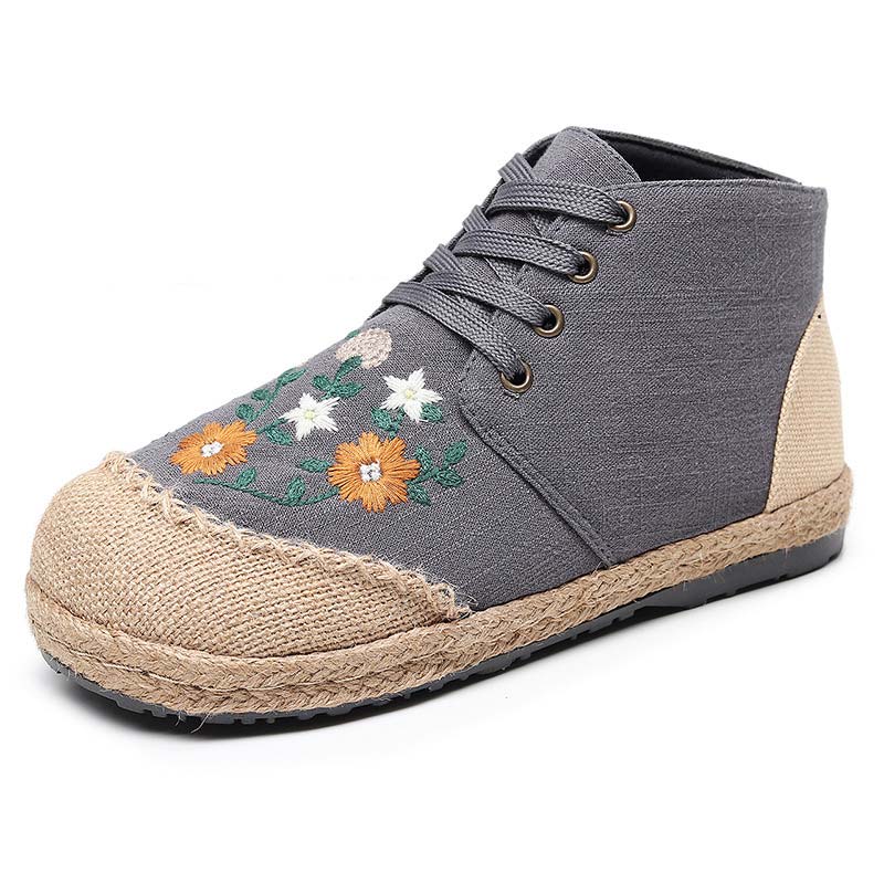 Elegant Embroidery Floral Lace up Canvas Boots