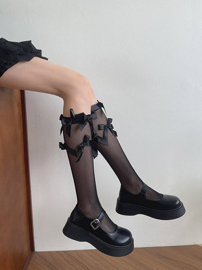 White/Black  Bowknot Details Semi-sheer Underknee Stockings