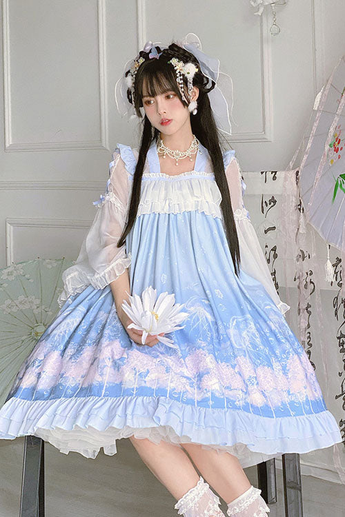 Blue Sweet Lolita Dress Jellyfish Print Bowknot Chinese Style - Altfashion Shop