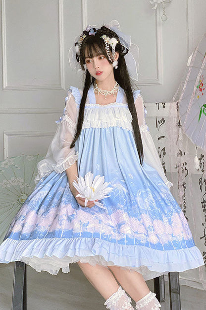 Blue Sweet Lolita Dress Jellyfish Print Bowknot Chinese Style - Altfashion Shop