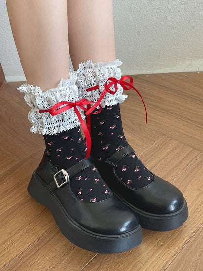 Black/White Floral Pattern Bowknot Details Lace Trim Calf Socks