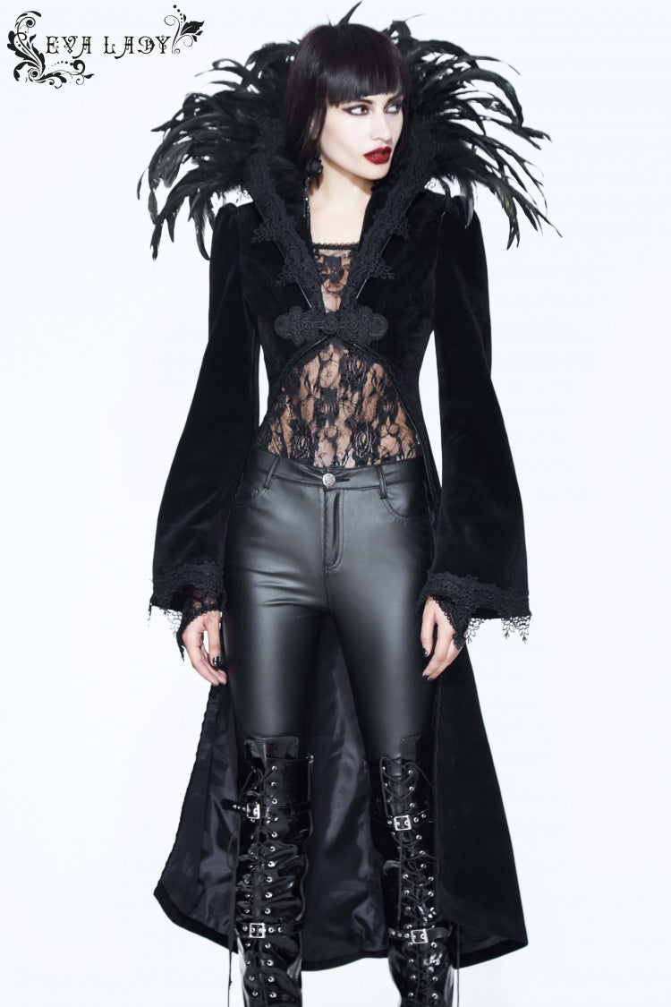Gothic Tailcoat for Women with Feathered Collar Long Sleeves and Bowknot