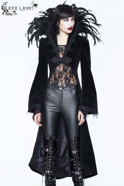 Gothic Tailcoat for Women with Feathered Collar Long Sleeves and Bowknot