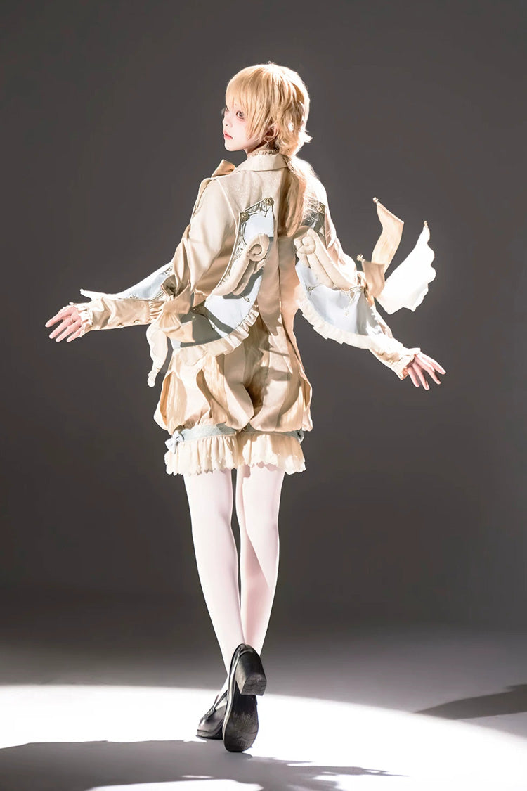 Golden Stand-Collar Long-Sleeve Embroidered Ruffled Bow Ouji Ensemble