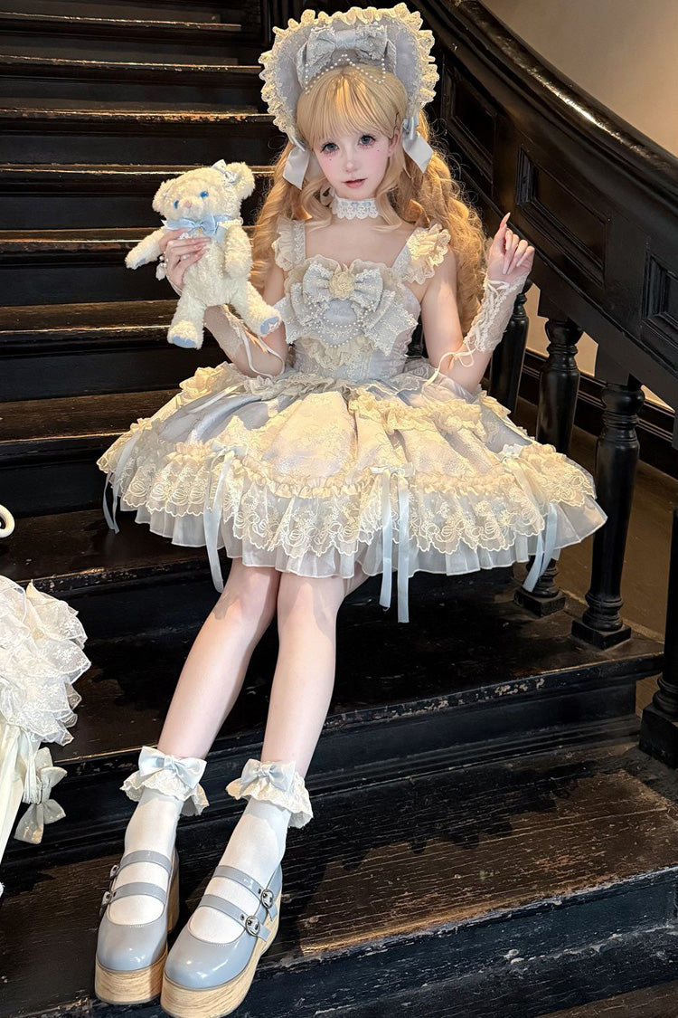 Blue Blossoming Heart Love Sleeveless Dark Jacquard Print Bow Lace Sweet Lolita Jsk Dress