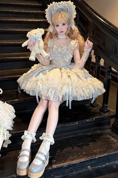 Blue Blossoming Heart Love Sleeveless Dark Jacquard Print Bow Lace Sweet Lolita Jsk Dress