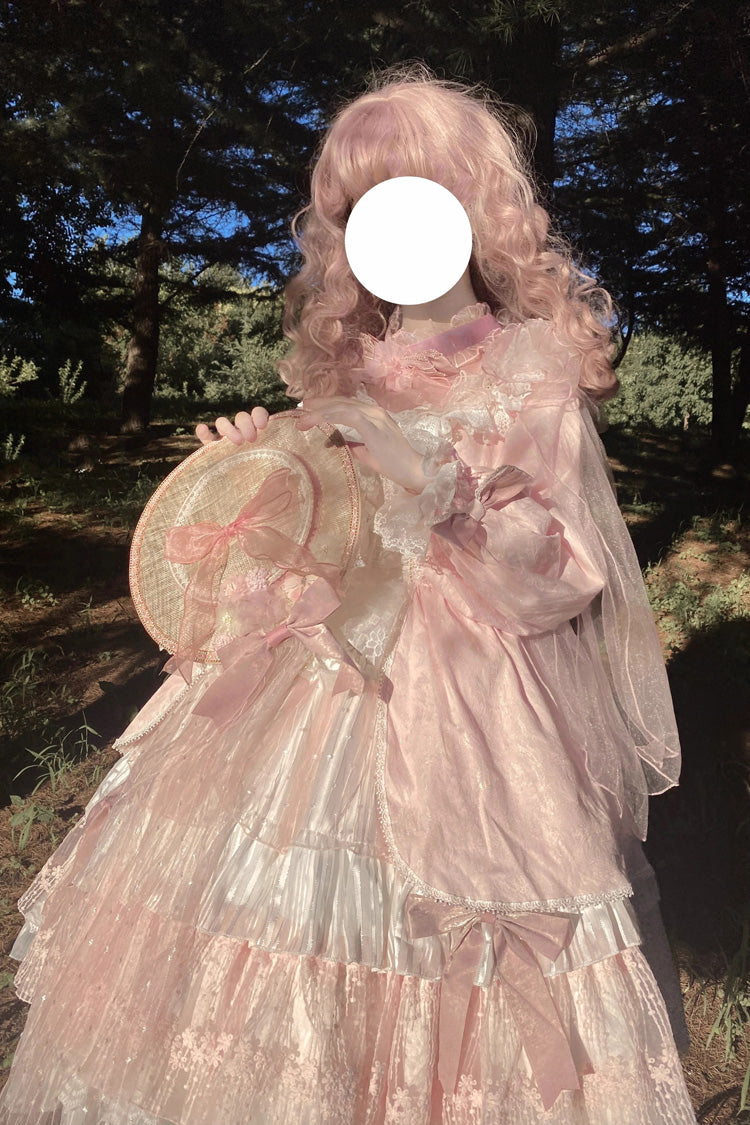 Pink OP Tiered Dress Sweet Lolita Long Sleeves Bowknot Ruffled - Altfashion Shop