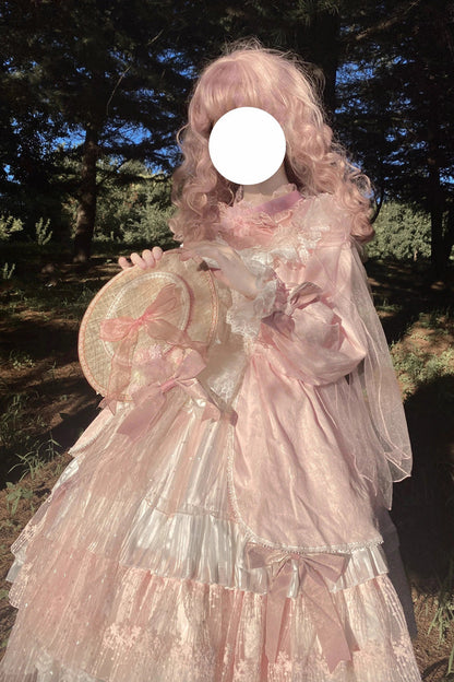 Pink OP Tiered Dress Sweet Lolita Long Sleeves Bowknot Ruffled - Altfashion Shop