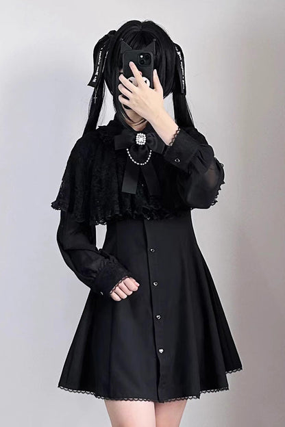 Black Shawl Lace Chiffon Slim Dress with Long Sleeves