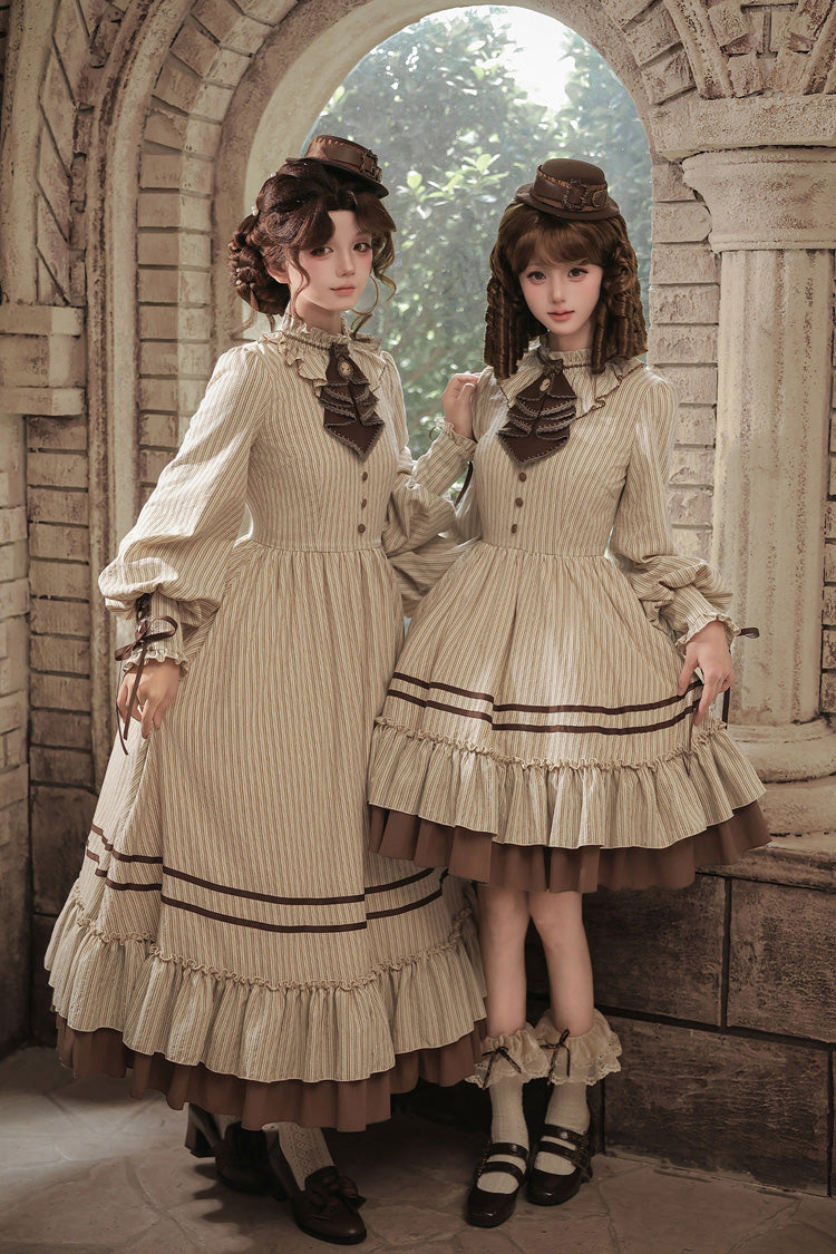 At Sunset Round-Collar Lantern-Sleeved Double-Layered Printed Ruffled Classic Lolita Dress in Beige and Brown, 2 Versions