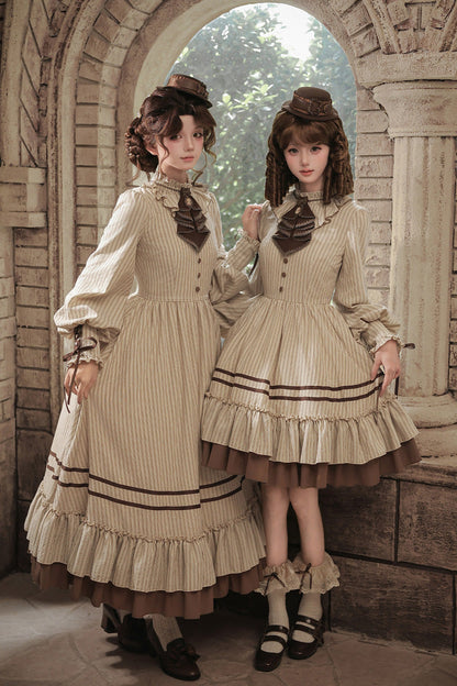 At Sunset Round-Collar Lantern-Sleeved Double-Layered Printed Ruffled Classic Lolita Dress in Beige and Brown, 2 Versions