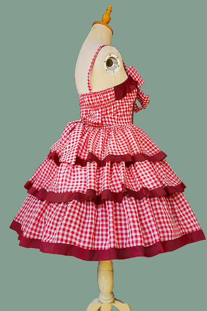 Scarlet Plaid Ruffle Bowknot Sweet Lolita Gown with Layered Design