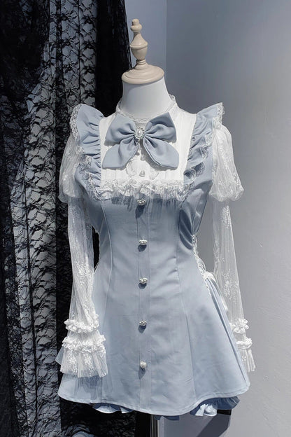 Stand Collar Long Sleeves Ruffled Bow Lace Sweet Japanese Dress Shorts Set
