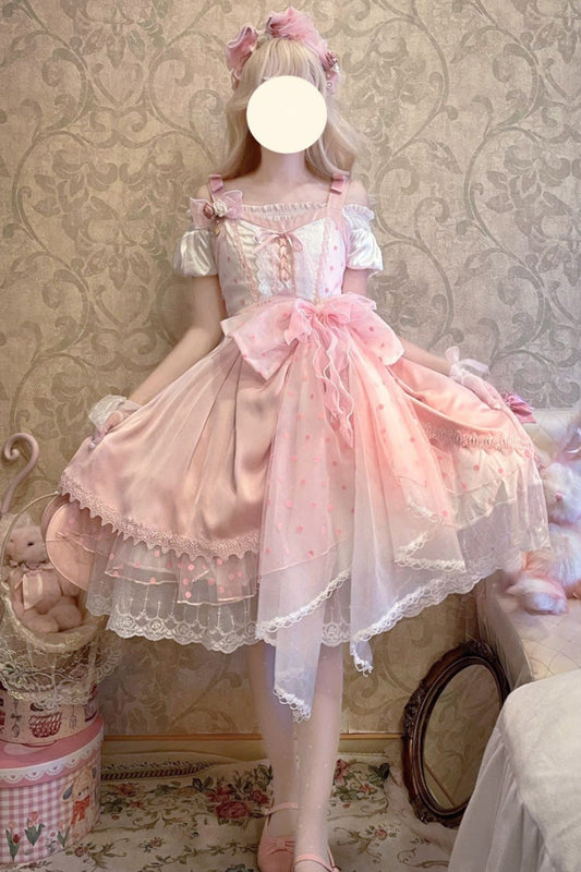 Rose Polka Waltz Sleeveless Pattern Bow Stitching Lace Sweet Lolita JSK Outfit