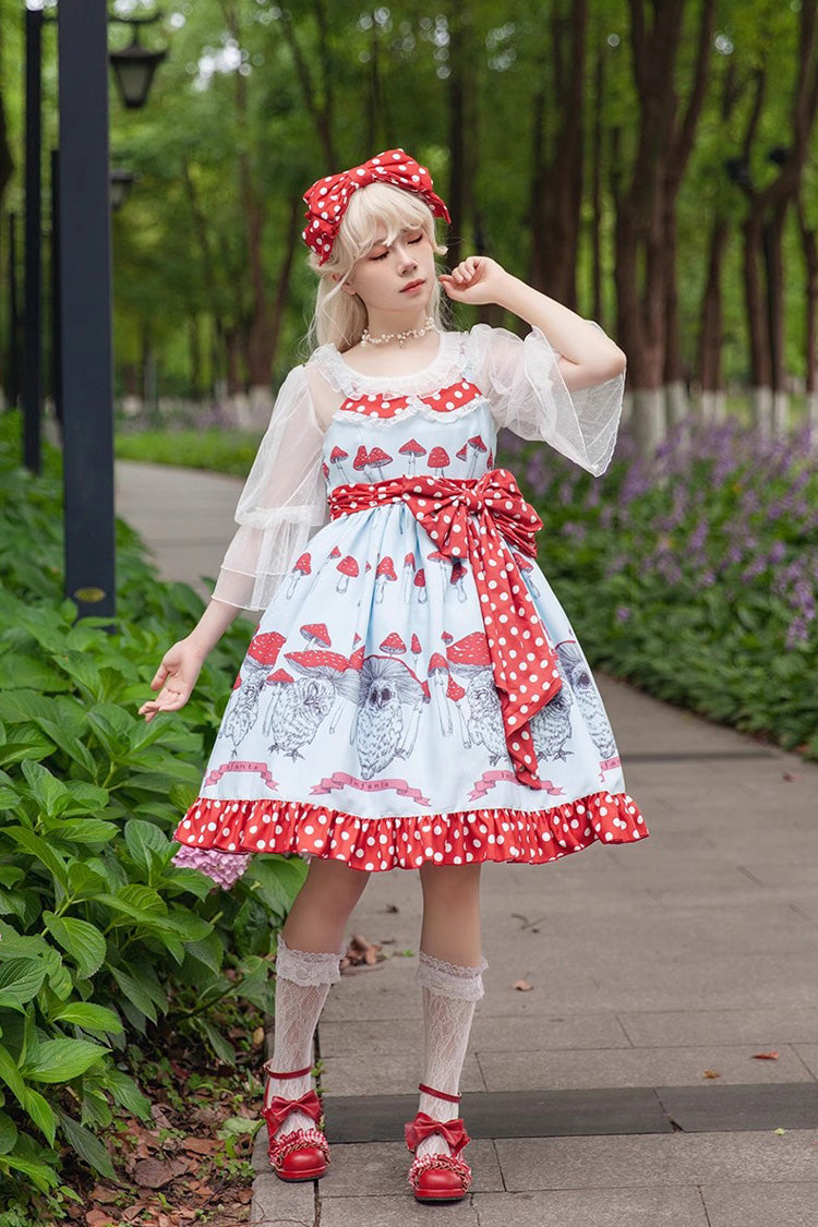 Mushroom-Print Bow-Adorned Ruffled Sweet Lolita Dress in Two Colors