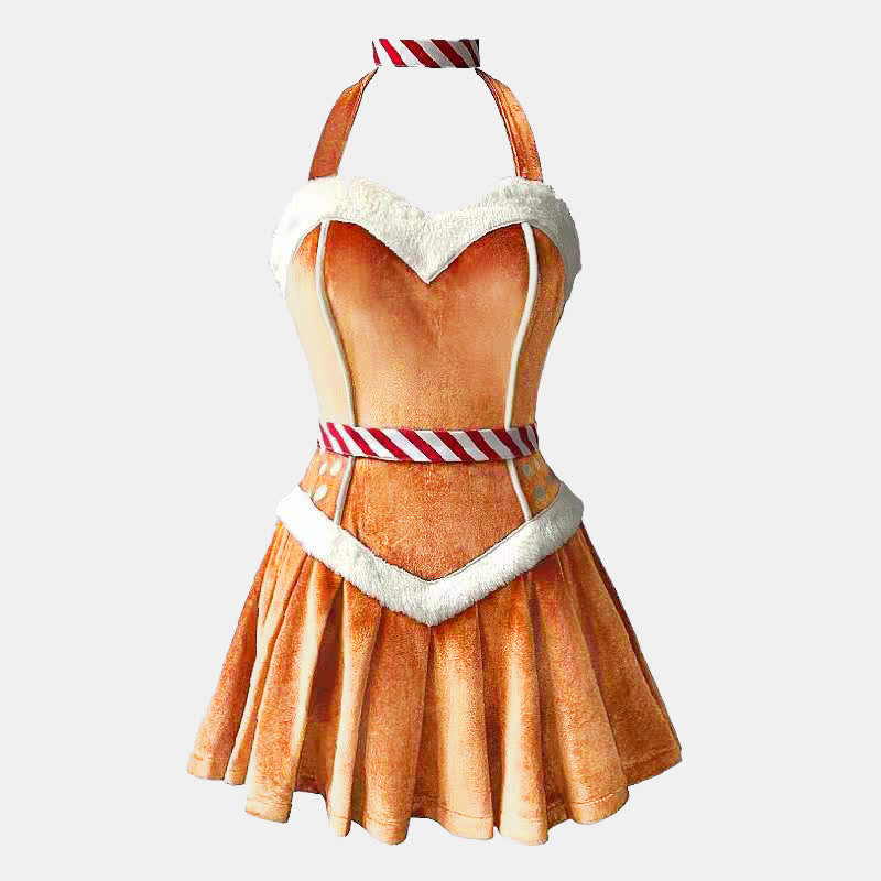 Christmas Elk Halter Fuzzy Pleated Lingerie Dress